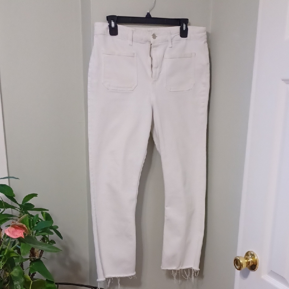 Zara Sz 10, Pure White, Fringed, Highrise, Crop Jeans With Patch Pockets. Cotton